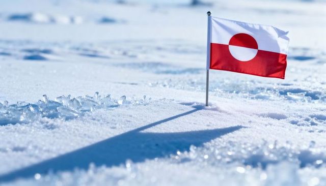 Greenland flag planted in snow casting long shadow over ice crystals minimalist arctic
