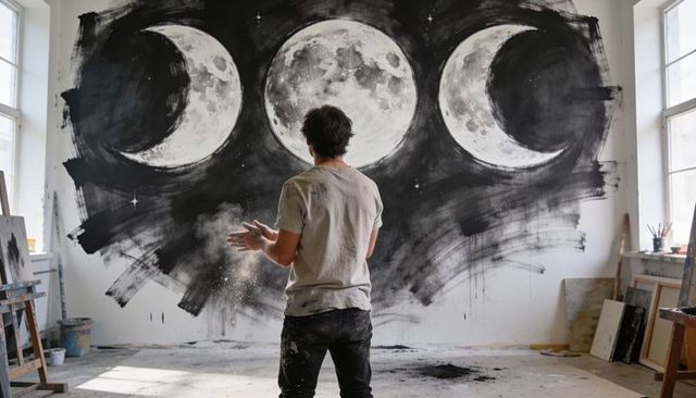 Artist Creating Giant Moon Phases Mural in Sunlit Studio Standing with Paint-Stained Jeans