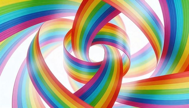 Abstract twisting rainbow ribbons forming central knot with circular void and pastel halos