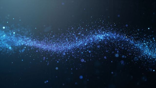 Glowing blue particle stream flowing across dark space background with bokeh orbs