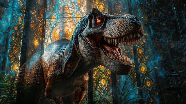 Dramatic Tyrannosaurus Rex in Stained Glass Greenhouse
