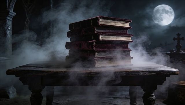 Moonlit gothic stack of worn leather books on haunted wooden table with mist and full moon