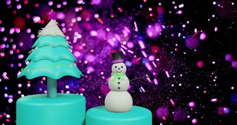 Festive Christmas Tree and Snowman Against Sparkling Backdrop