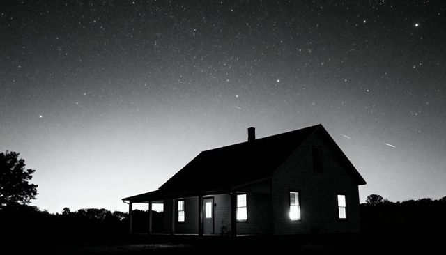 Solitary Farmhouse Silhouette Under Meteor-Streaked Starry Night With Lit Windows
