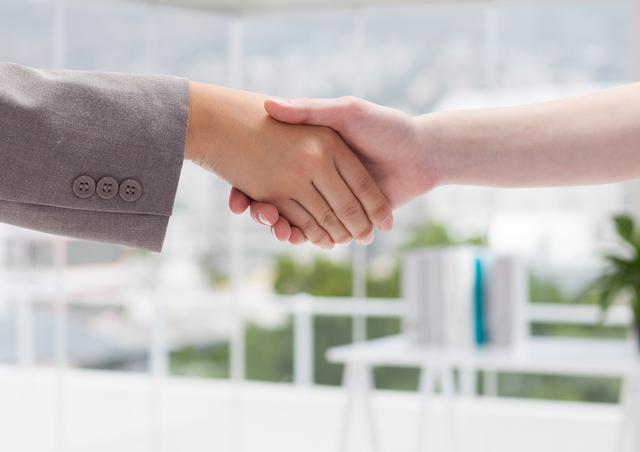This image shows a close-up of two business executives shaking hands in an office environment. Ideal for themes related to business agreements, successful negotiations, professional meetings, and corporate partnerships. Great for business websites, presentations, and corporate materials highlighting collaboration and teamwork.