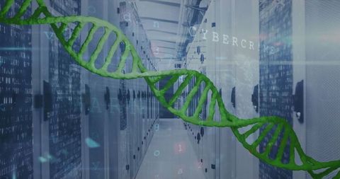 Dna strand stretching across data center representing cybersecurity