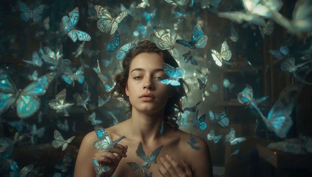 Woman gazing among iridescent blue butterflies in ethereal dreamlike studio portrait
