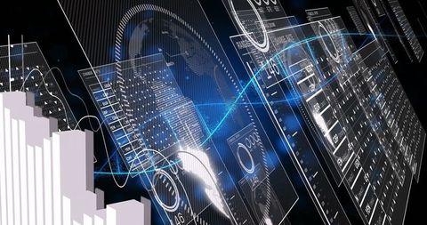 Futuristic dashboard with globes and graphs for data analytics