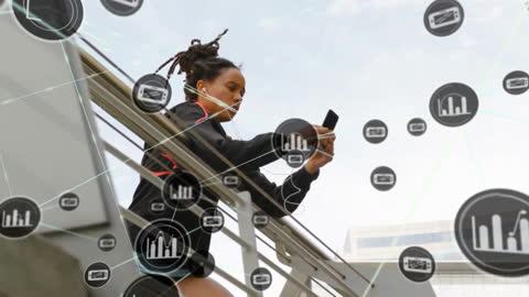 Woman Connected by Digital Network Overlay While using Smartphone