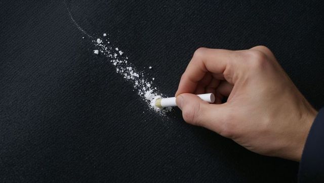 Right hand pressing short white chalk on black surface releasing fine powder trail