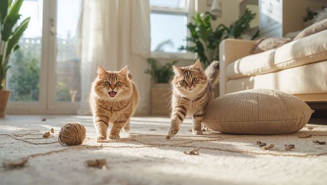 Two fluffy tabby cats walking across sunlit living room rug with yarn and soft cushion