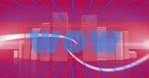 Retro Futuristic Cityscape with Wow Text Overlay