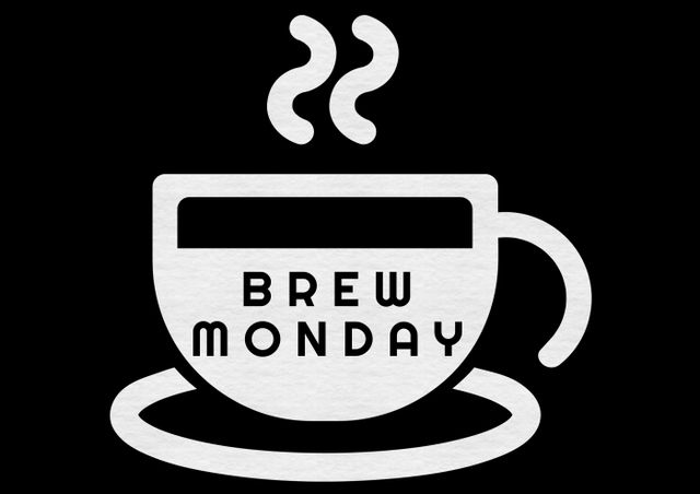 Bold and minimalistic design featuring Brew Monday coffee cup steam silhouette on black background, perfect for promoting coffee shops, cafes, or Monday promotions. Ideal for social media posts, posters, advertisements, and menus.