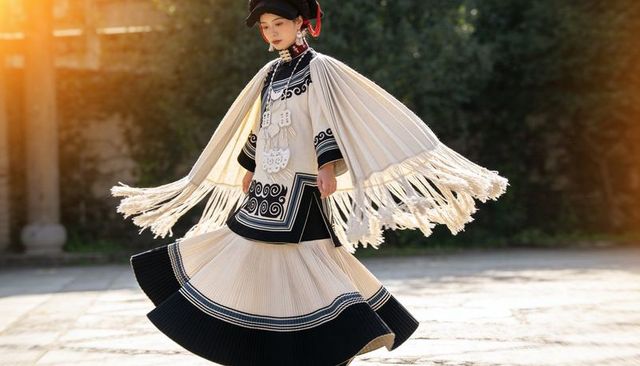 Spinning asian dancer wearing pleated skirt, fringed cape, ornate headpiece in golden hour