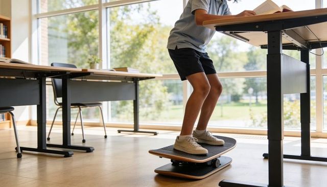 Student balancing on standing desk balance board while reading book in bright classroom