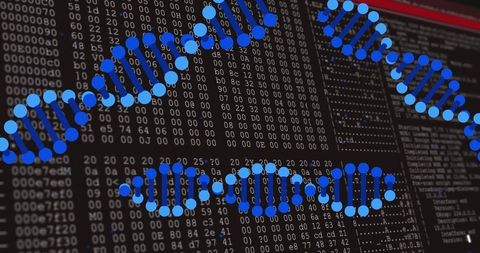 Blue dna helix overlays with cybersecurity and data visualization elements