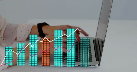 Hands Typing on Laptop with Overlaid Analytics Bars and Rising Line Chart for Productivity