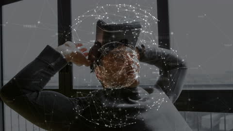 Businessman Immersed in VR with Digital Connections Overlay