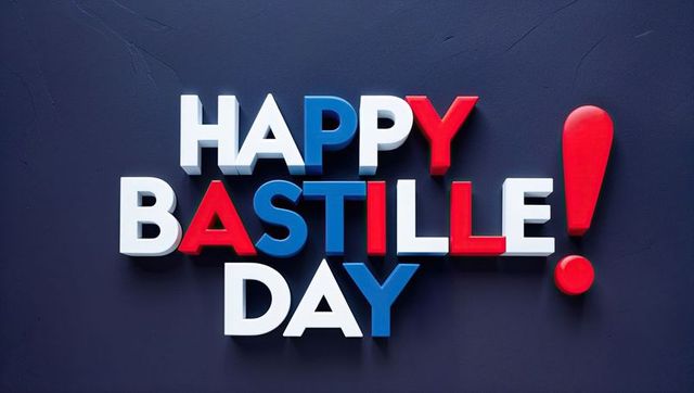 3D Graphic Text Spelling Happy Bastille Day in French Colors on Navy