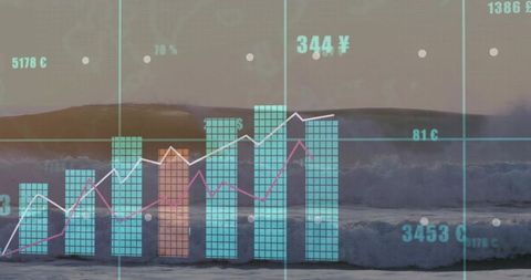 Translucent financial bar chart and line graph over coastal waves muted overcast horizon