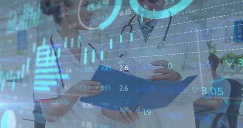 Doctors Analyzing Medical Data with Financial Chart Overlay