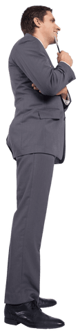 businessman in gray suit stands with pen touching chin, smiling reflectively. ideal for concepts of brainstorming, leadership, decision-making, problem-solving. useful in advertisement, blog, presentation illustrating professionalism and reflective thinking.