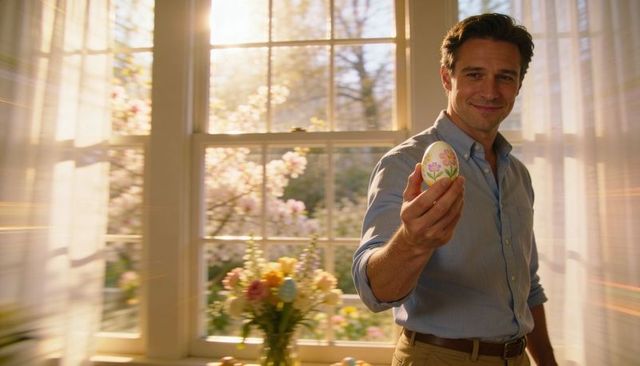 Smiling man offering hand-painted easter egg in sunlit spring kitchen