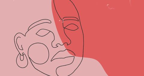 Abstract Face Line Art with Pink and Red Gradient Background