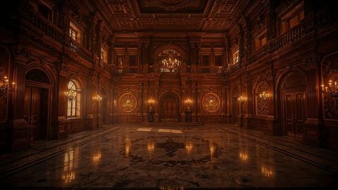 Masonic luxurious palace ballroom with crystal chandeliers and opulent decor