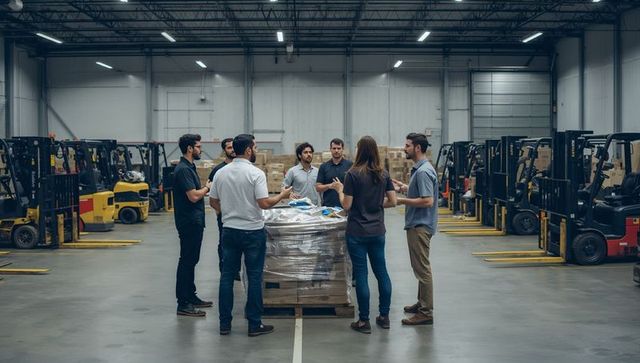 Warehouse team conducting inventory briefing around wrapped pallet and forklifts