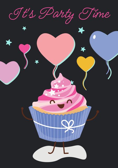 Perfect for party invitations, greeting cards, or event flyers. The cute, smiling cupcake with colorful heart balloons conveys fun, joy, and excitement, ideal for birthdays, anniversaries, or any festive occasion.
