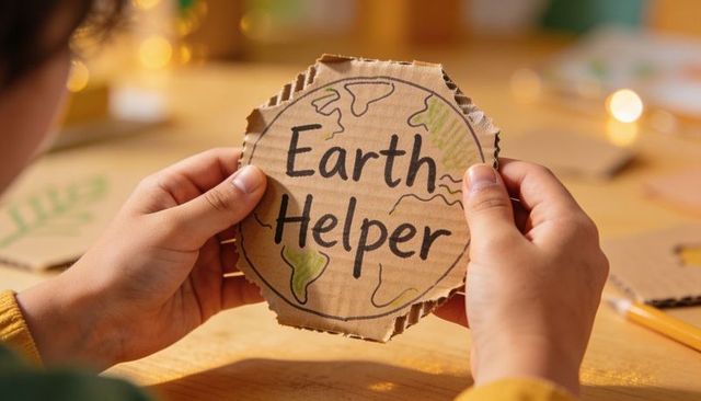 Child holding earth helper cardboard badge craft promoting eco awareness and recycling
