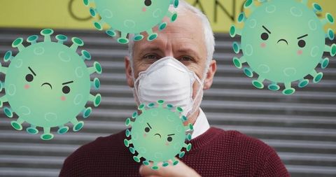 Senior man wearing face mask with illustrated virus icons