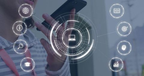 Woman holding smartphone with voice-controlled holographic HUD interface for digital service