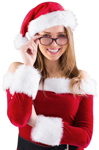 Festive Woman Santa Costume Holding Eyewear with Enthralling Smile Transparent