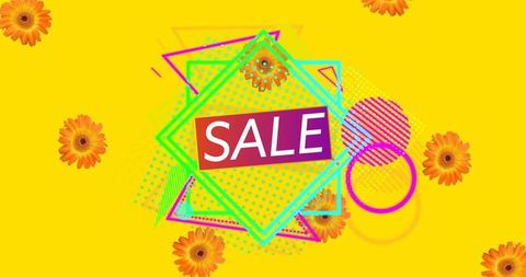 bright retro sale banner with geometric shapes and flowers - Download Free Stock Images Pikwizard.com