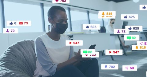 Woman Using Smartphone Amid Pandemic with Social Media Icons Floating