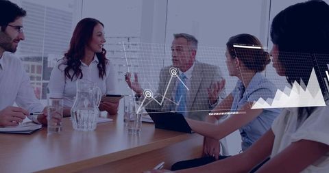 Business Team Discussing Data-driven Strategy in Conference Room with Analytics Overlay