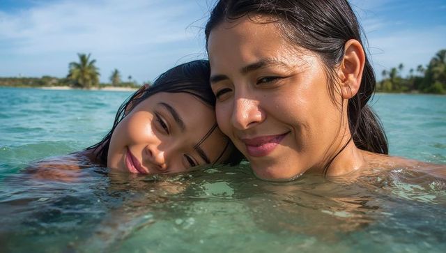 Mother and daughter floating in turquoise water closeup, tropical beach family bonding