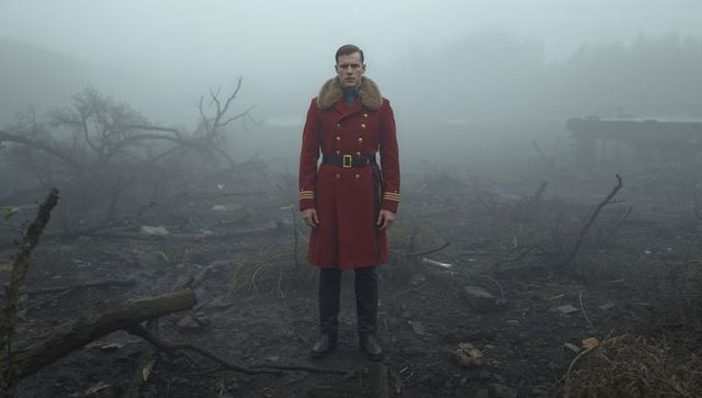 Solitary Officer in Red Overcoat Examining Foggy Battlefield