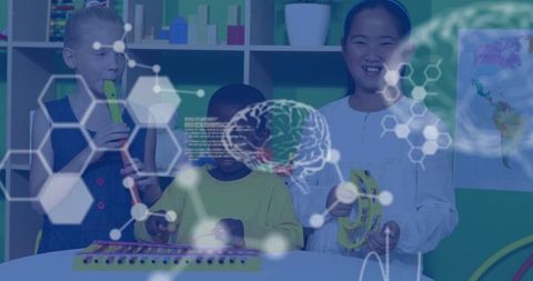 Diverse group of children exploring music instruments playfully