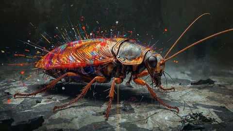 Colorful cockroach with vibrant paint splatters on urbane concrete