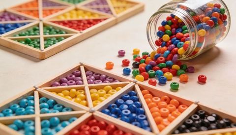 Spilling colorful craft beads into wooden sorting tray with glass jar and divided sections