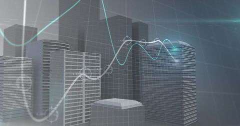 Abstract graph rising over futuristic cityscape background