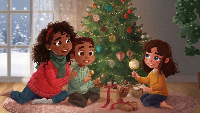 Children Holding Ornaments Decorating Christmas Tree on Cozy Rug with Gifts and Snow