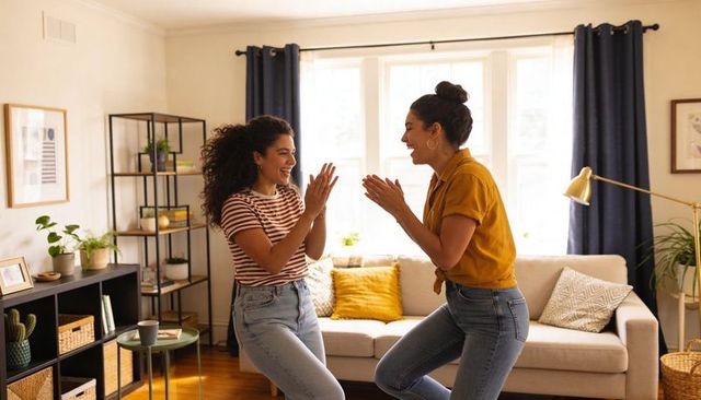 Friends clapping and laughing in sunlit living room with cozy sofa, plants, warm decor