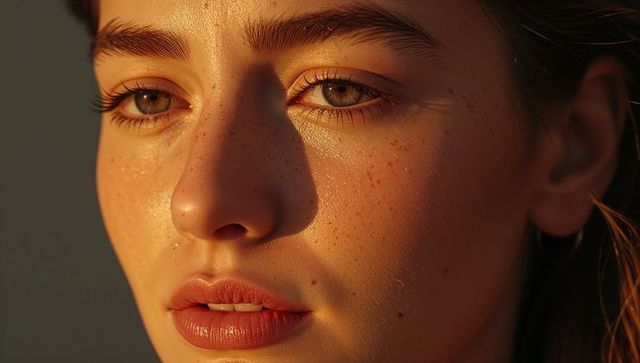 Young woman gazing toward window light with freckles, hoop earring and golden-hour glow