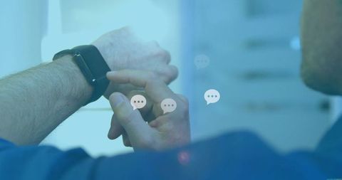 Clinician Uses Smartwatch Interaction in Medical Office with Digital Overlay