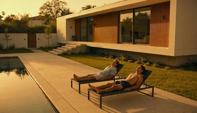 Two men relaxing on poolside loungers at modern minimalist backyard home at sunset