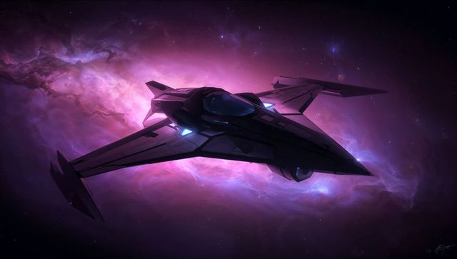 Sleek stealth starfighter cruising through purple-pink nebula with glowing cockpit